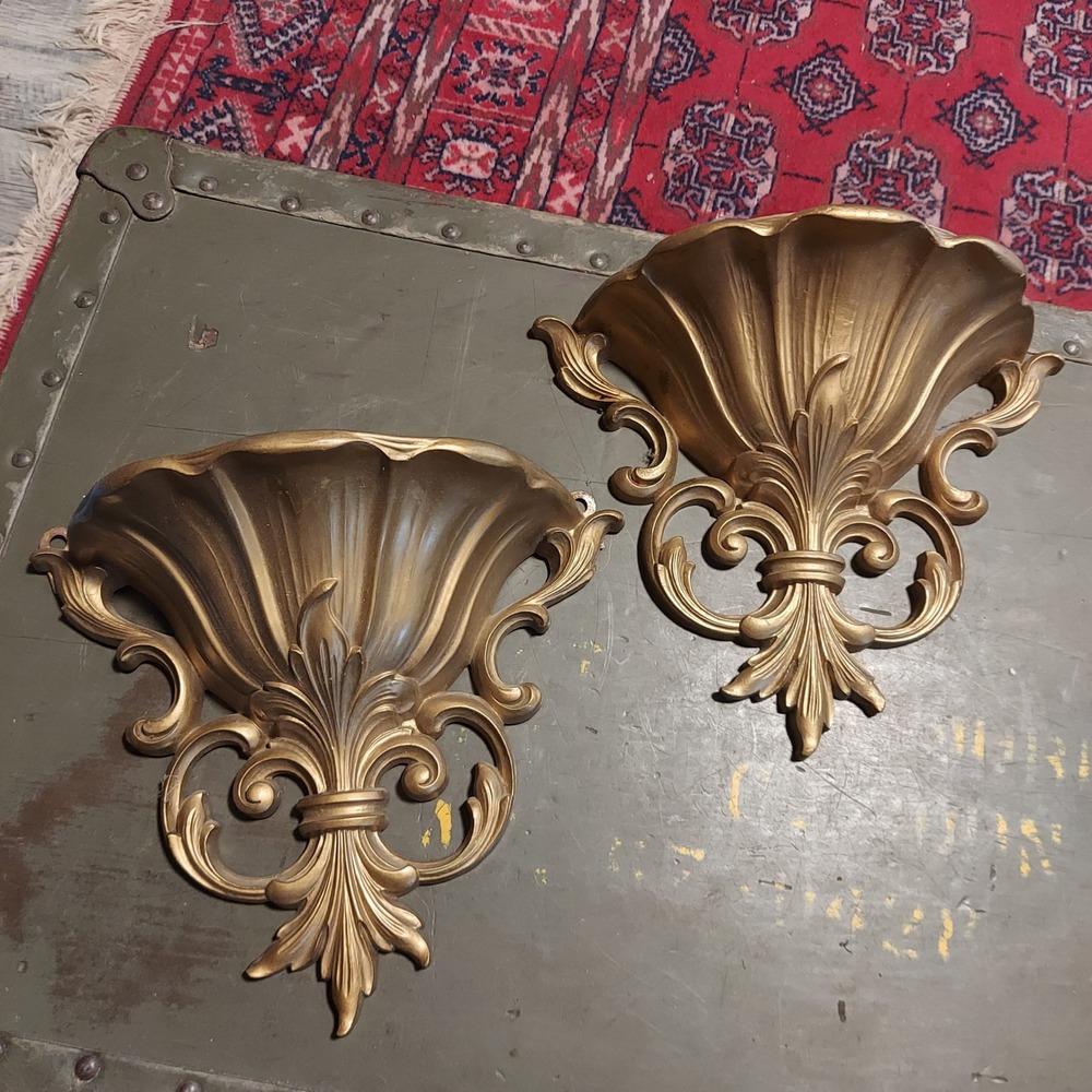Vintage 1962 Dart Ind Gold Fleur De Lis Wall Pocket Sconces Set of 2 USA 4446